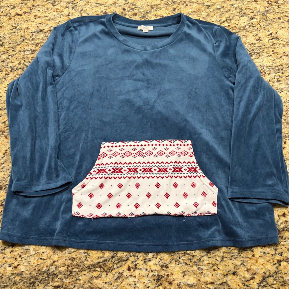 Como Blu Women 2X Teal Blue Velour Pajama Top Fair Isle Kangaroo Pocket Lounge